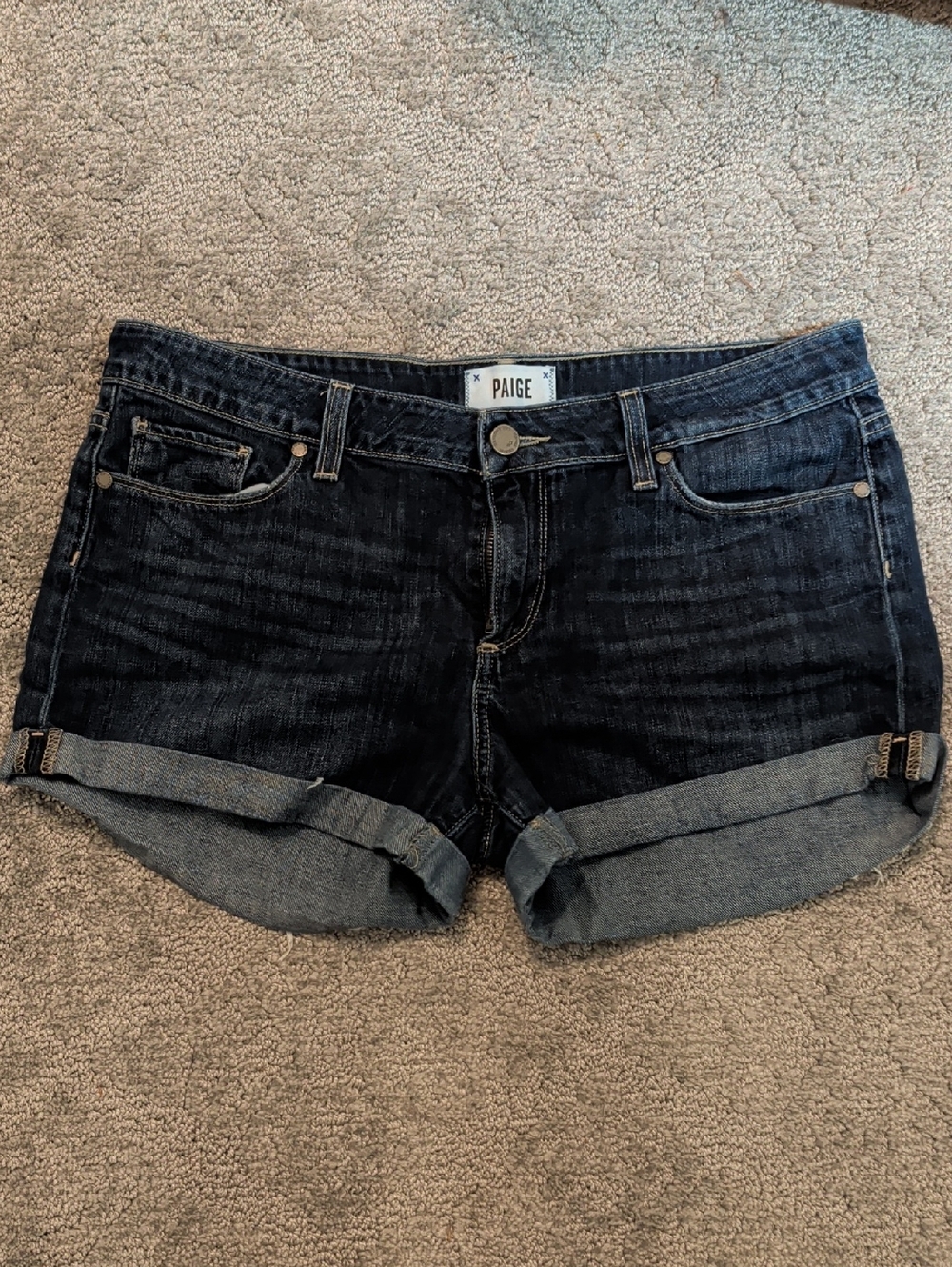 PAIGE Dark Indigo Rolled Cuff Denim Shorts